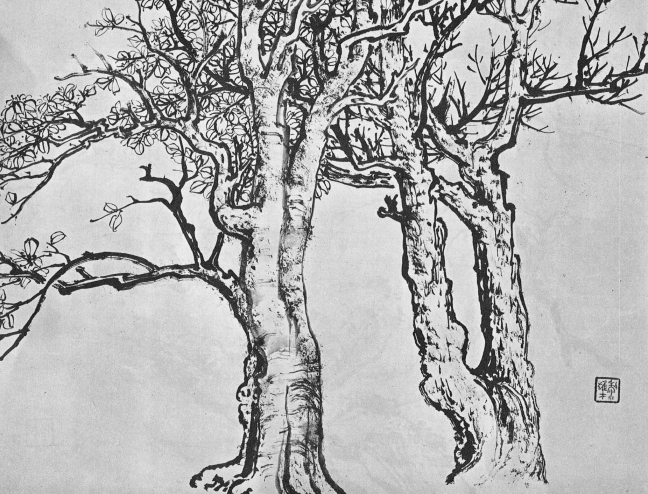 Li Xiongcai (黎雄才) (1910 - 2001), A sketch of old tree trunks (probably banyan trees), ink on paper. Image taken from Li Xiongcai's Landscape Painting Manual (1981)